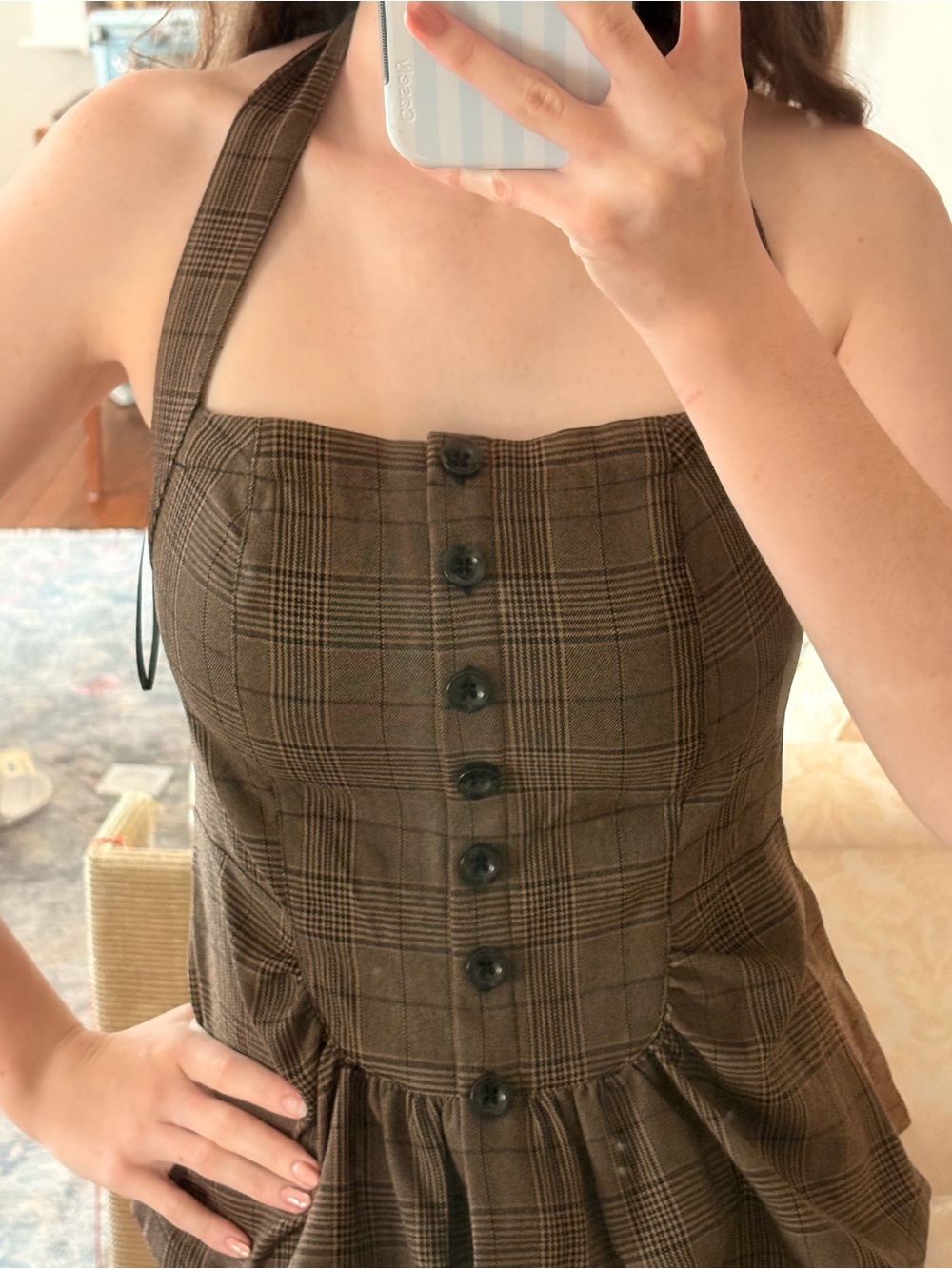 Free People Chocolate Brown Plaid Peplum Halter Top - Picture 3 of 5